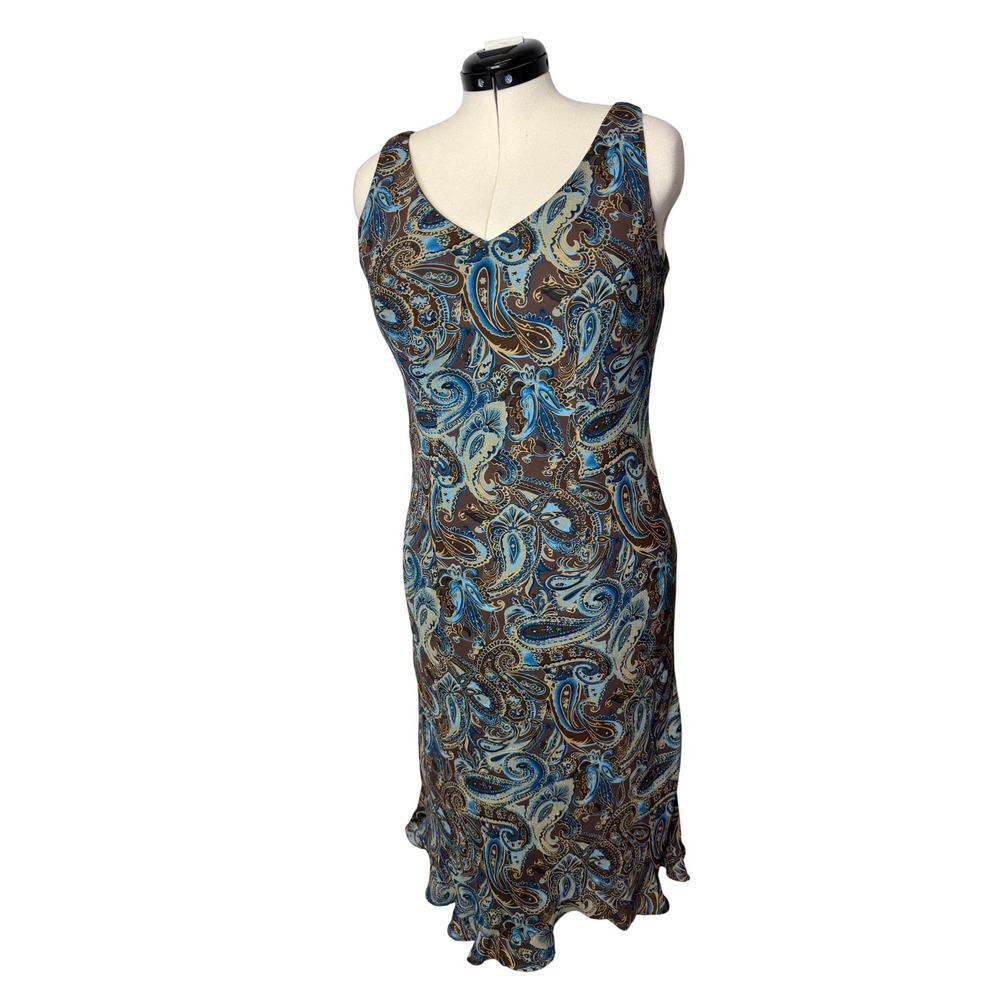 Y2K Womens Paisley V-Neck Sleeveless Midi Dress Teal Blue Brown Size 14
